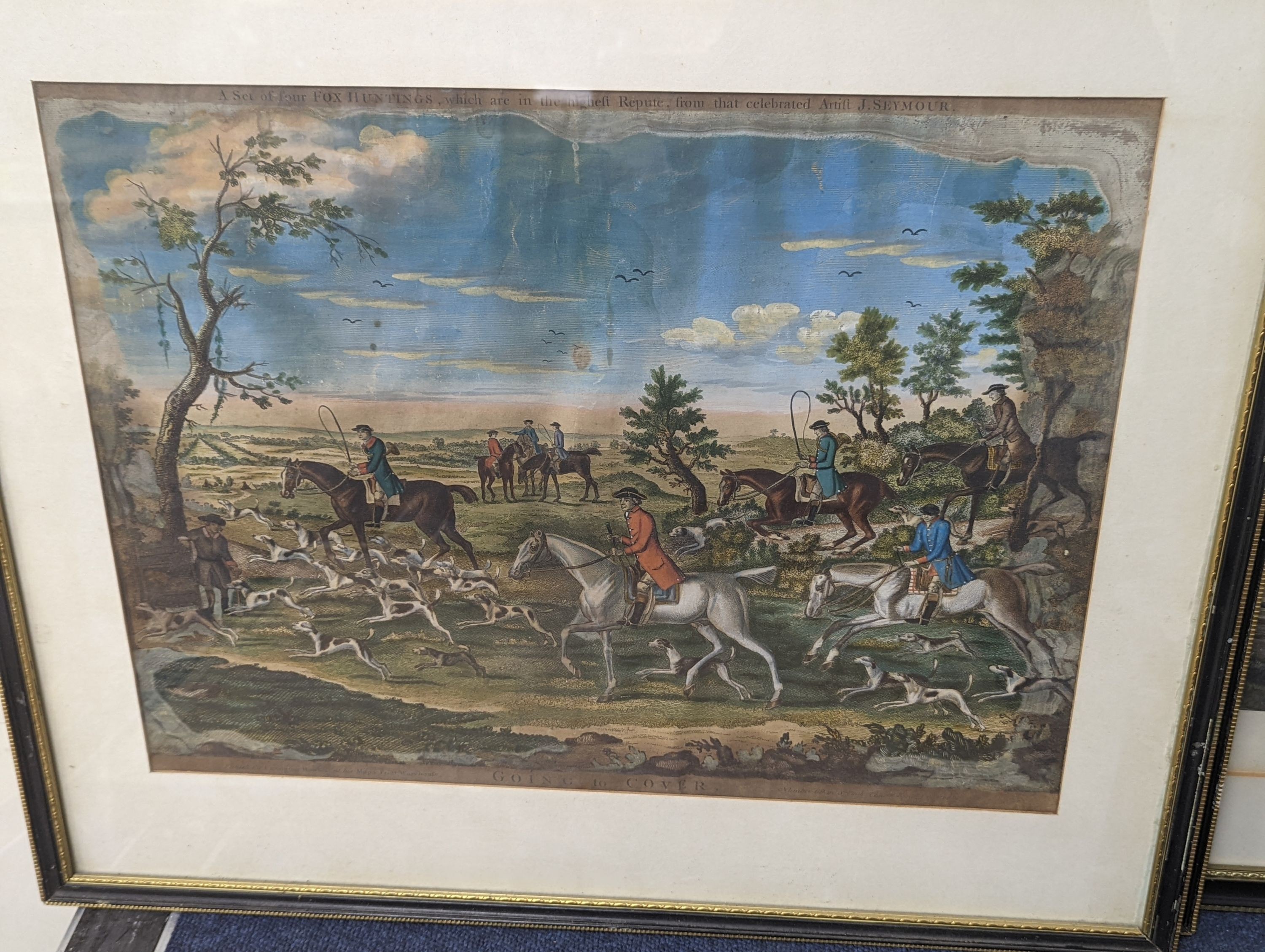 Carington Bowles, three coloured engravings, 'The Chace of the fox', 36 x 49cm and a Fores's Coaching Recollection - Changing Horses, 51 x 71cm